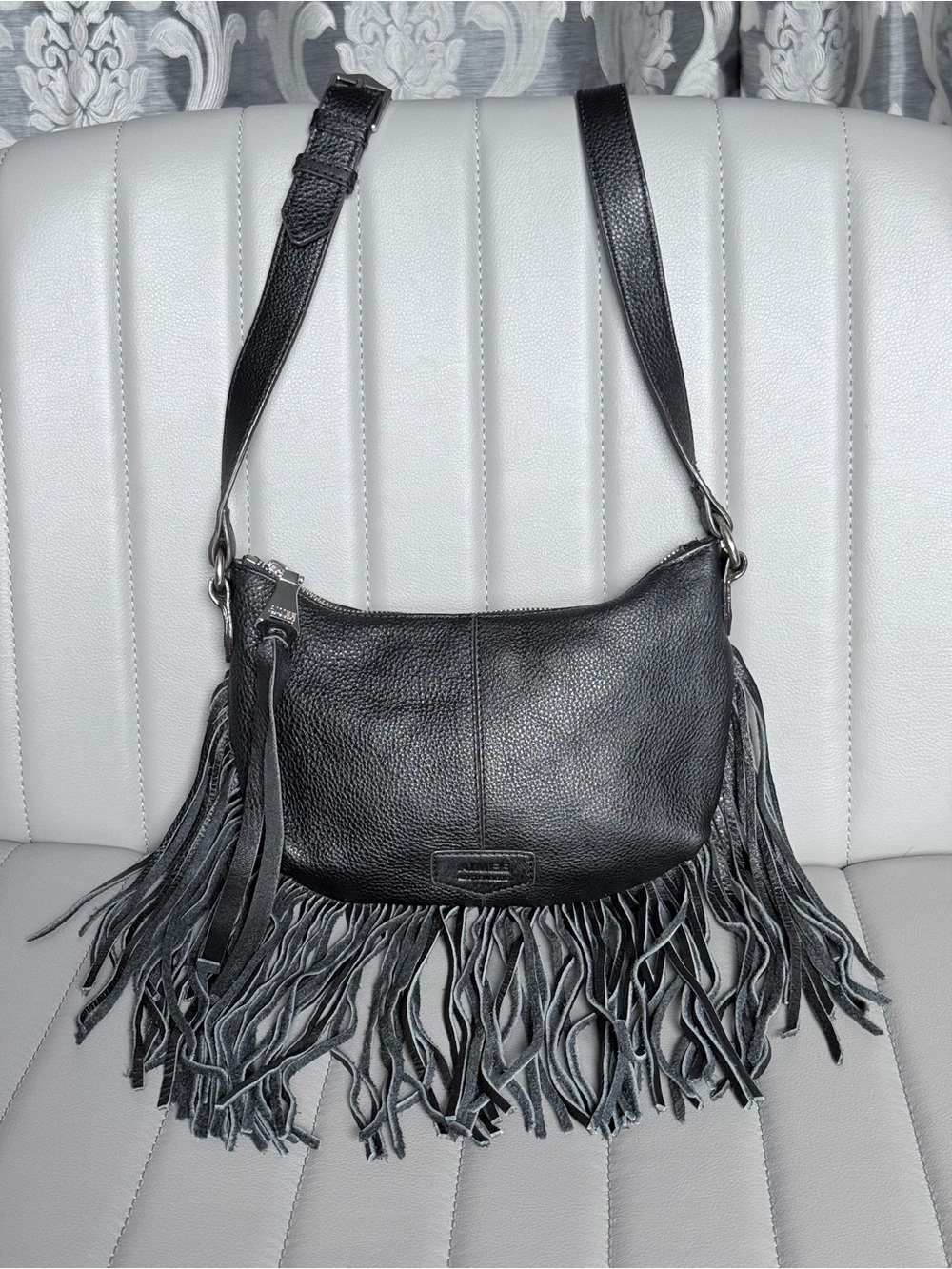Black Fringe Leather Crossbody Bag Western Festival pebbled Leather
